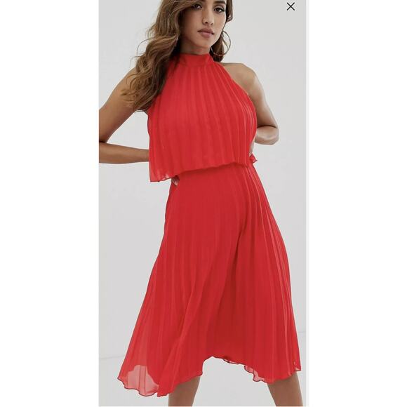 ASOS Design Burgundy Halter Tie Neck Above Knee Pleated Dress Size 8 Medium - Picture 2 of 13